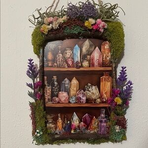 Crystals print Shelf Wall decor with Green and Purple Accents handcrafted border